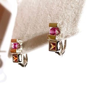 14K Diamond Pink/Orange Sapphire Gold Earrings
